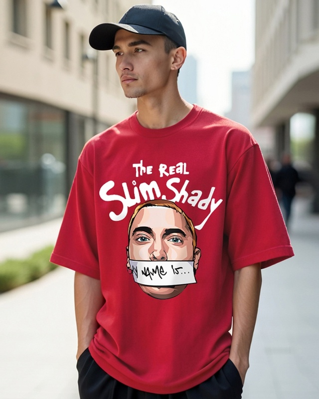 Shop Men's Red Real Slim Shady Graphic Printed Oversized T-shirt-Front