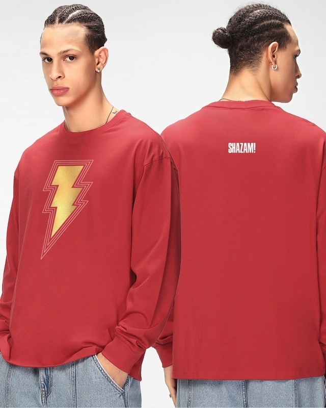 Shop Men's Red Shazam Logo Graphic Printed Oversized T-shirt-Front