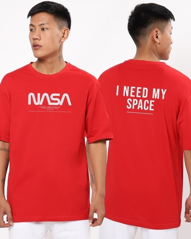 Shop Men's Red Spaced NASA Typography Oversized T-shirt-Front