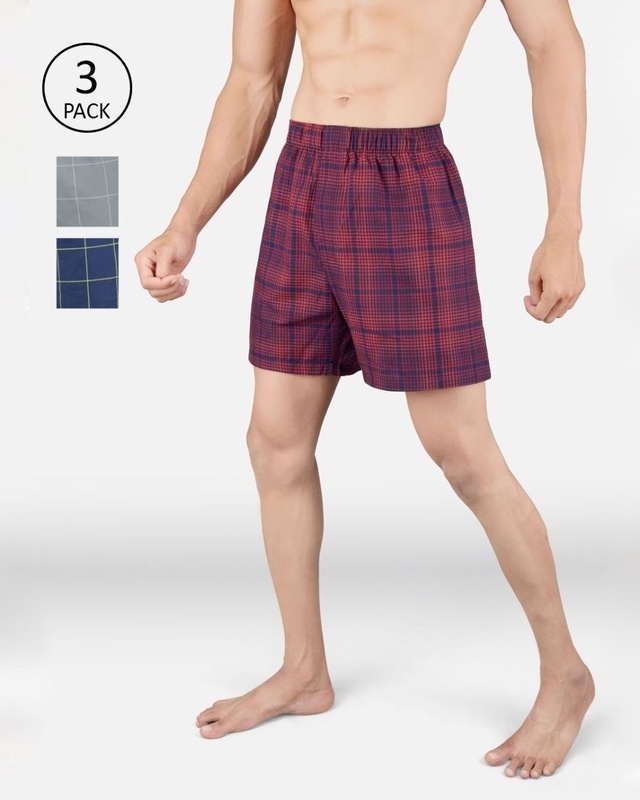 Shop Men's Red Super Combed Cotton Checkered Boxer (Pack of 3)-Front