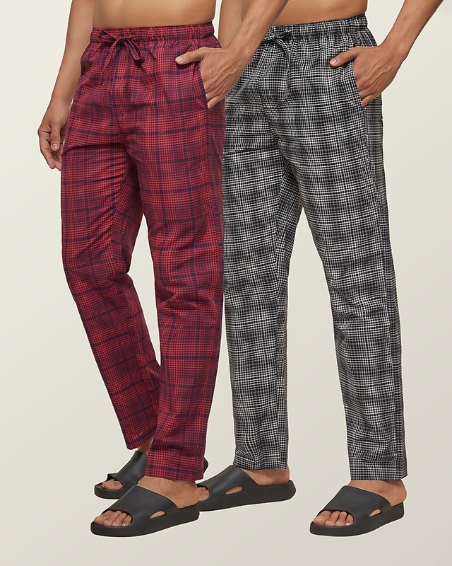 Shop Pack of 2 Men's Red Super Combed Cotton Checkered Pyjamas-Front