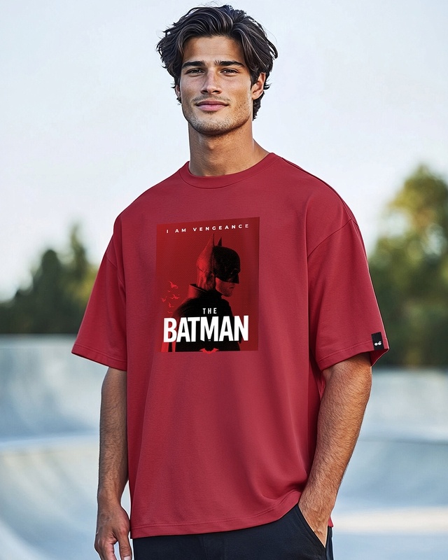 Shop Men's Red The Batman Graphic Printed Oversized T-shirt-Front