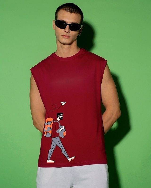 Shop Men's Red The Traveller Graphic Printed Boxy Fit Vest-Front