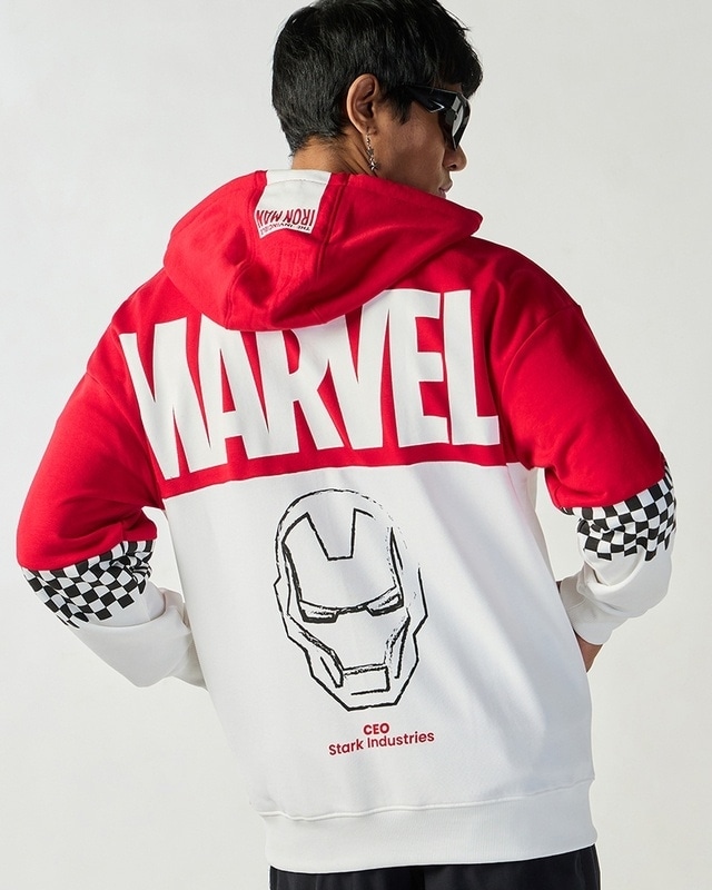 Shop Men's Red & White Graphic Printed Oversized Hoodies-Front