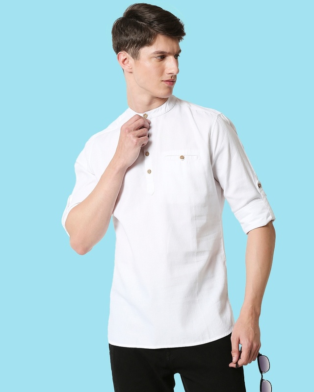 Shop Men's Relaxed Fit White Solid Short Kurta-Front
