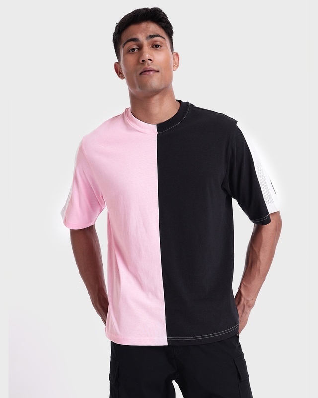 Shop Men's Rose Shadow & Black Beauty Color Block Oversized T-shirt-Front