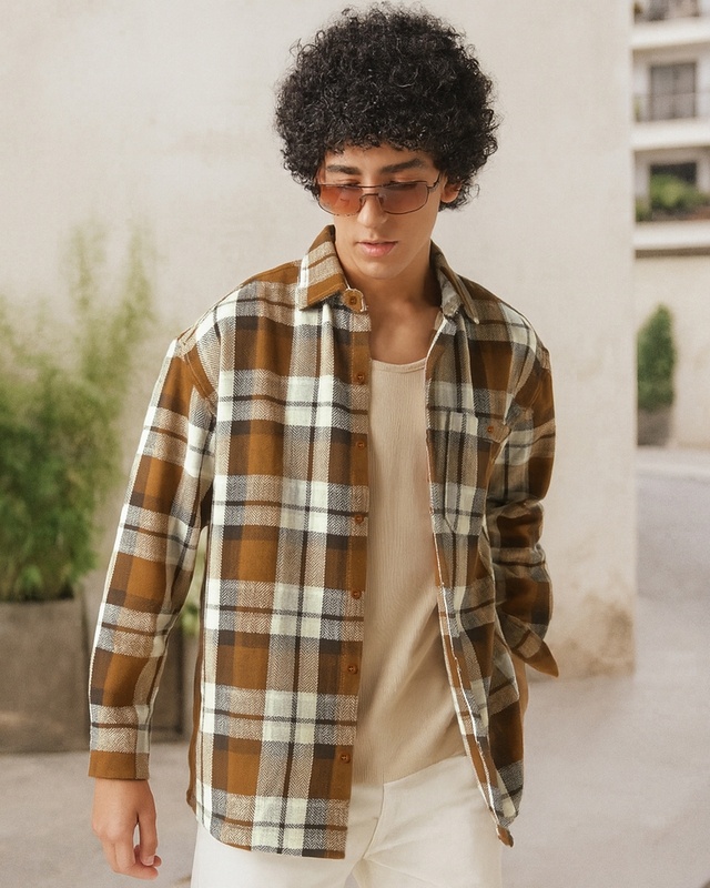 Shop Men's Rust Orange Checked Oversized Shirt-Front
