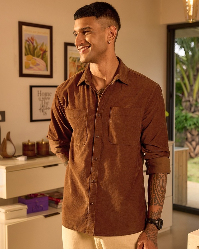Men's Rust Orange Corduroy Shirt-Front Bewakoof Shop Men's Rust Orange Corduroy Shirt-Front