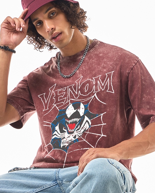Shop Men's's Brick Red Veom Web Graphic Printed Oversized Acid Wash T-shirt-Front