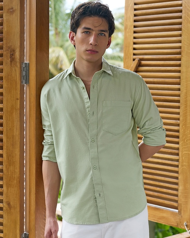 Shop Men's Sage Green Cotton Linen Shirt-Front
