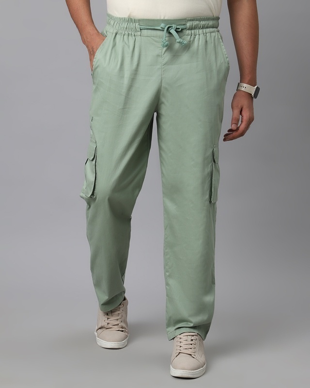 Shop Men's Sage Green Loose Comfort Fit Cargo Pants-Front