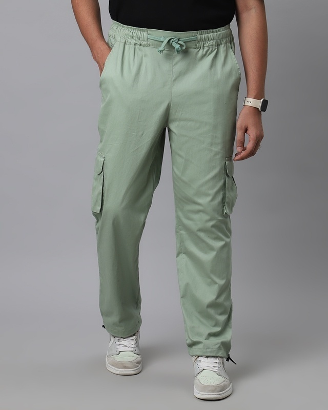 Shop Men's Sage Green Loose Comfort Fit Cargo Parachute Pants-Front