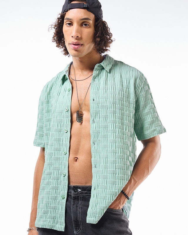 Shop Men's Sage Green Textured Oversized Shirt-Front