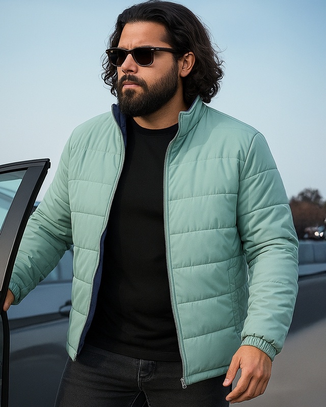 Shop Men's Sage & Navy Plus Size Reversible Puffer Jacket-Front