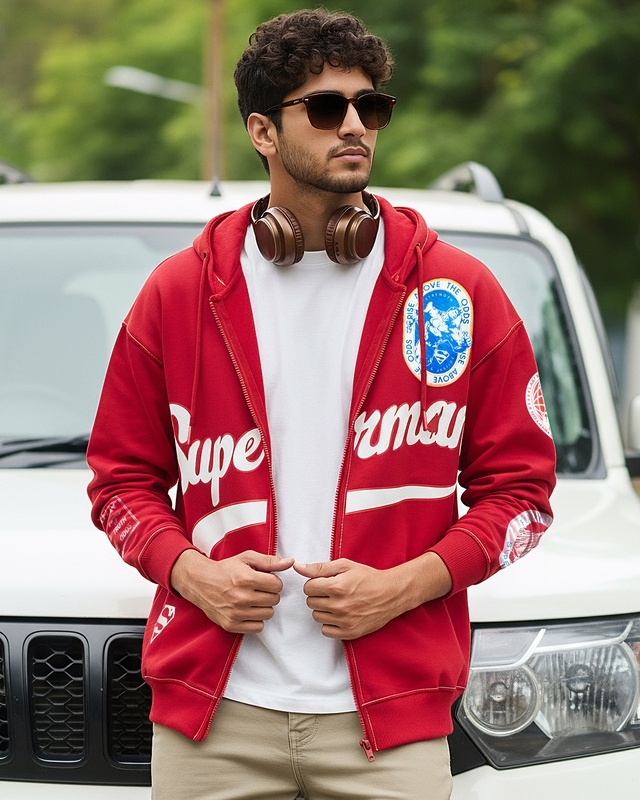 Shop Men's Salsa Red Superman Graphic Printed Oversized Zipper Hoodies-Front