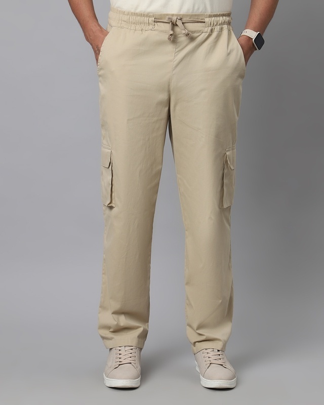 Shop Men's Sand Beige Loose Comfort Fit Cargo Pants-Front