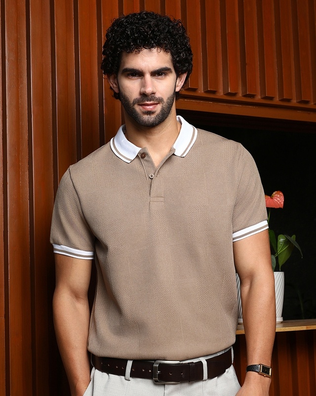 Shop Men's Sand Beige Textured Polo T-shirt-Front
