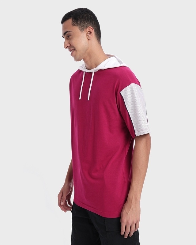 Shop Men's Pink & White Color Block Oversized Hoodie T-shirt-Front
