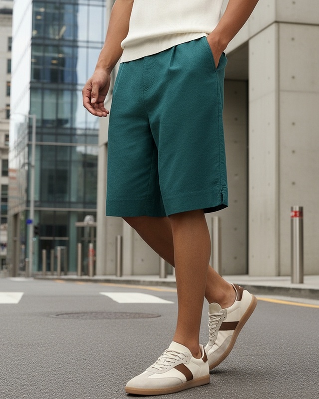 Shop Men's Sea Moss Green Oversized Cotton Linen Shorts-Front