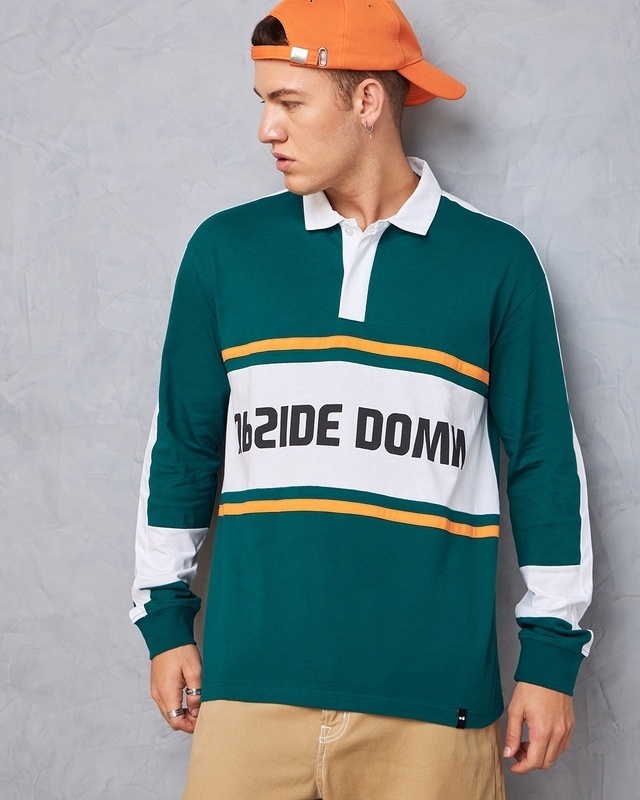 Shop Men's Green & White Side Down Typography Oversized Polo T-shirt-Front