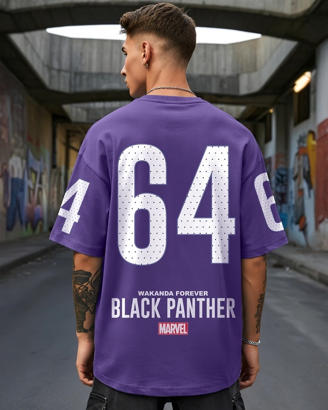 Shop Men's Skipper Blue Black Panther Graphic Printed Oversized T-shirt-Front