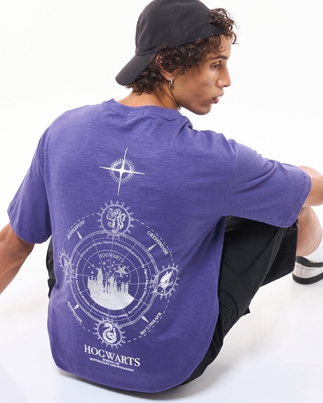 Shop Men's Skipper Blue Hogwarts Sigil Graphic Printed Oversized T-shirt-Front