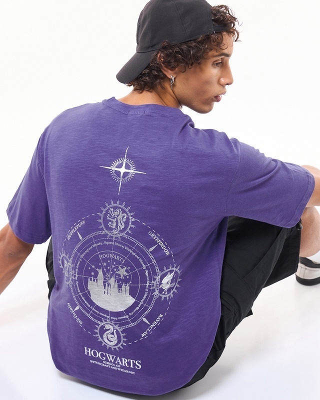 Shop Men's Skipper Blue Hogwarts Sigil Graphic Printed Oversized T-shirt-Front