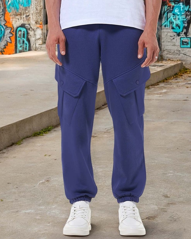 Shop Men's Skipper Blue Super Loose Fit Brushed Cargo Joggers-Front