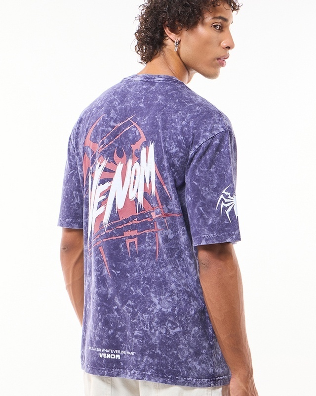 Shop Men's Skipper Blue Venom Graphic Printed Oversized Acid Wash T-shirt-Front