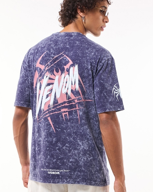 Shop Men's Skipper Blue Venom Graphic Printed Oversized Acid Wash T-shirt-Front