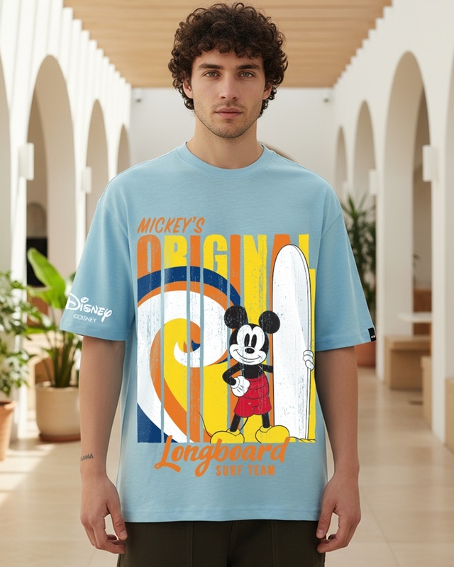 Shop Men's Sky Blue Mickey Graphic Printed Oversized T-shirt-Front