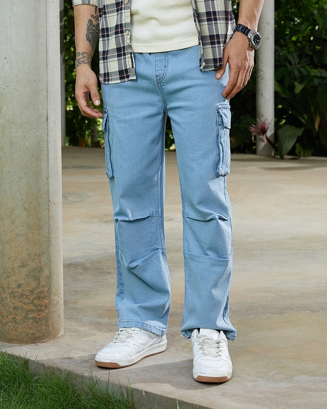 Shop Men's Sky Blue Straight Fit Cargo Jeans-Front