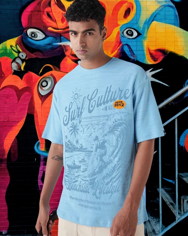 Shop Men's Sky Blue Surfculture Graphic Printed Oversized T-shirt-Front