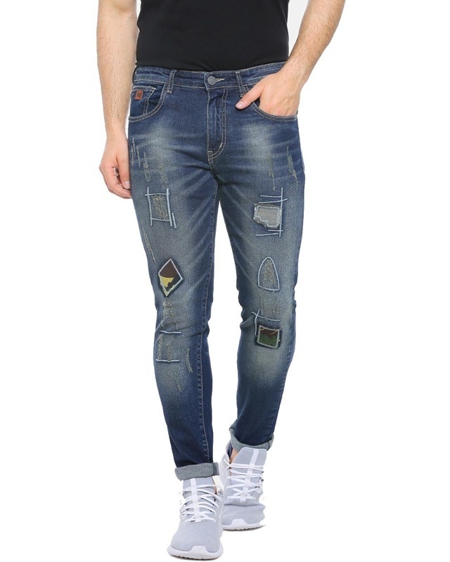 Shop Men's Slim Fit Solid Front Applique Stretch Stylish New Trends Blue Denim Jeans-Front