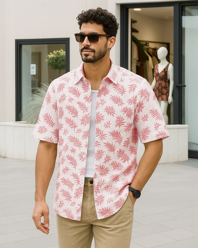 Shop Men's Soft Peach All Over Printed Oversized Shirt-Front