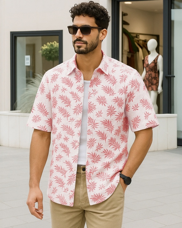 Shop Men's Soft Peach All Over Printed Oversized Shirt-Front