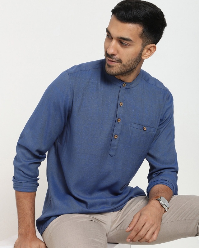 Shop Men's Solid Casual Relaxed Fit Short Kurta-Front