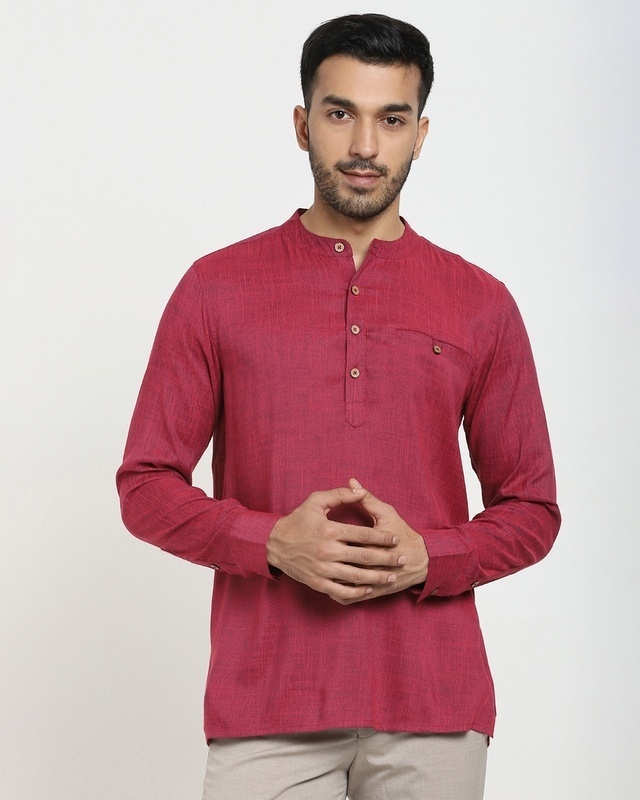 Shop Men's Solid Casual Relaxed Fit Short Kurta-Front