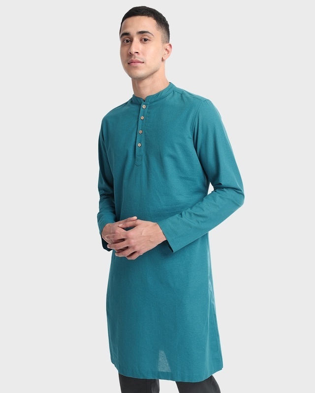 Shop Men's Crystal Teal Relaxed Fit Long Kurta-Front