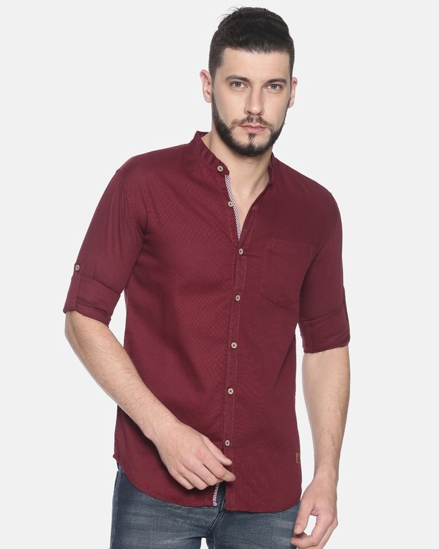 Shop Men's Solid Full Sleeve Chinese Collar Stylish Casual Shirt-Front