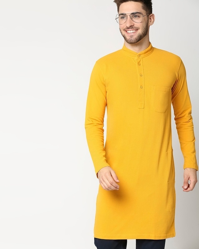 Shop Men's Solid Knit Yellow Relaxed Fit Kurta-Front