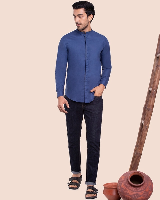 Shop Men's Solid Mandarin Collar Full Sleeves Shirt-Front