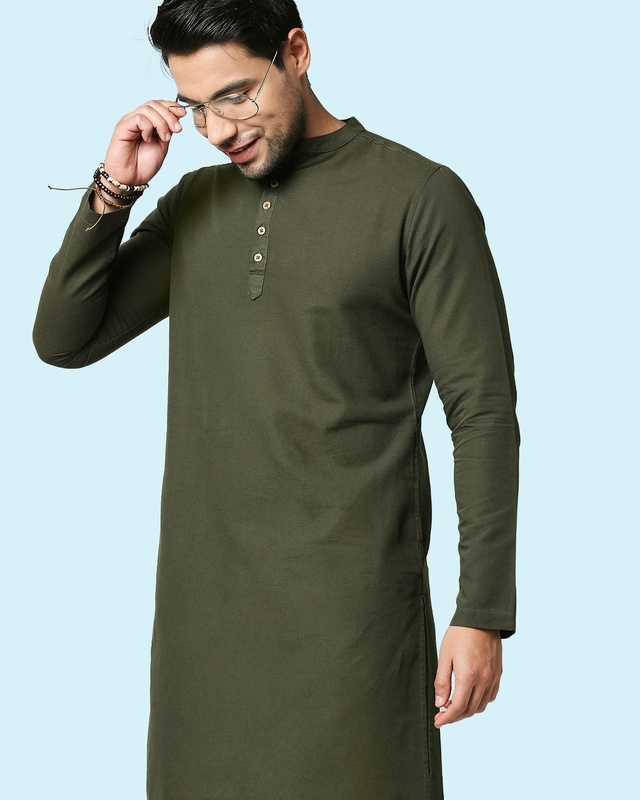 Shop Men's Solid Olive Relaxed Fit Long Kurta-Front