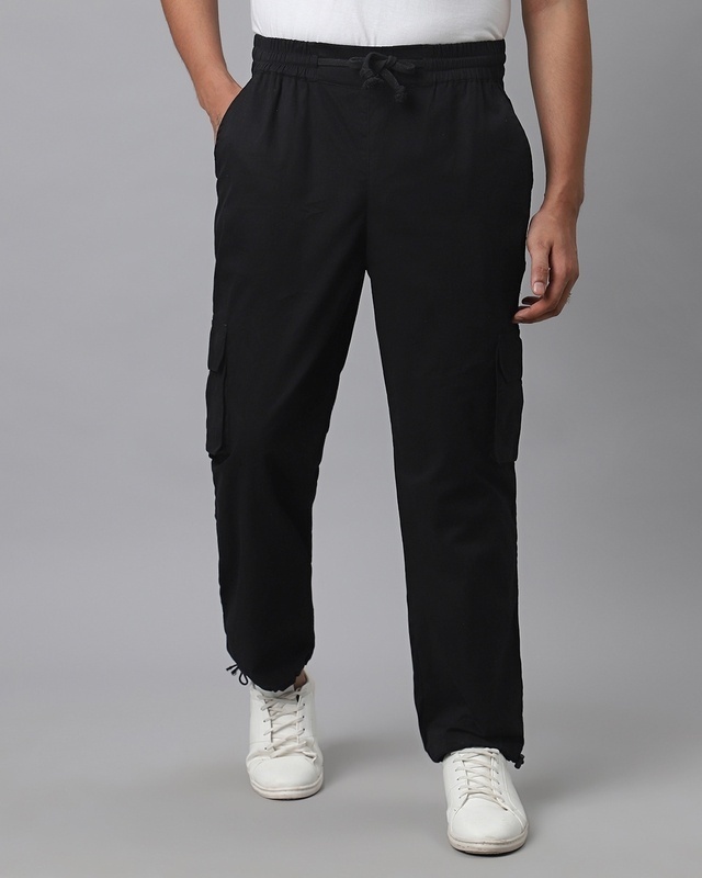 Shop Men's Space Black Loose Comfort Fit Cargo Parachute Pants-Front