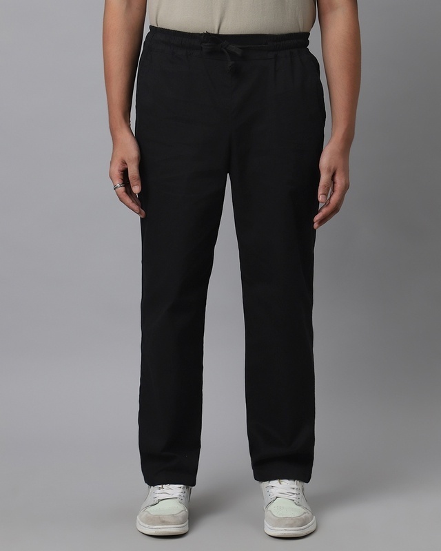 Shop Men's Space Black Loose Comfort Fit Pants-Front