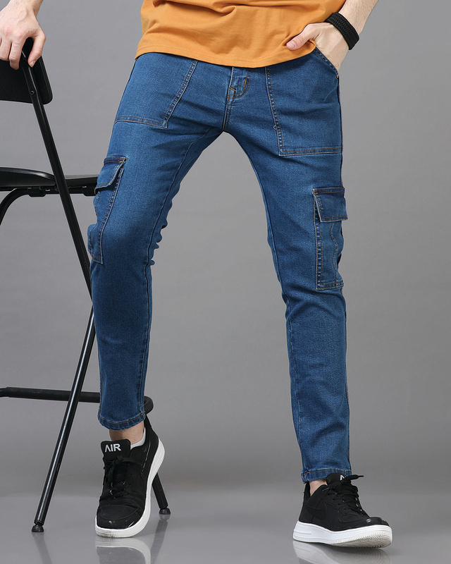 Shop Men's Stone Blue Slim Fit Cargo Jeans-Front