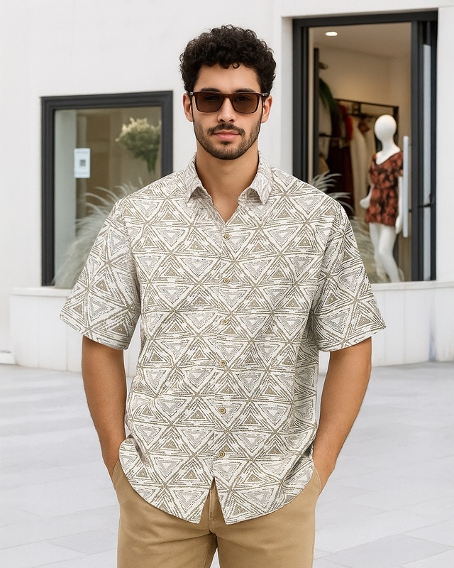 Shop Men's Tan Brown All Over Printed Oversized Shirt-Front