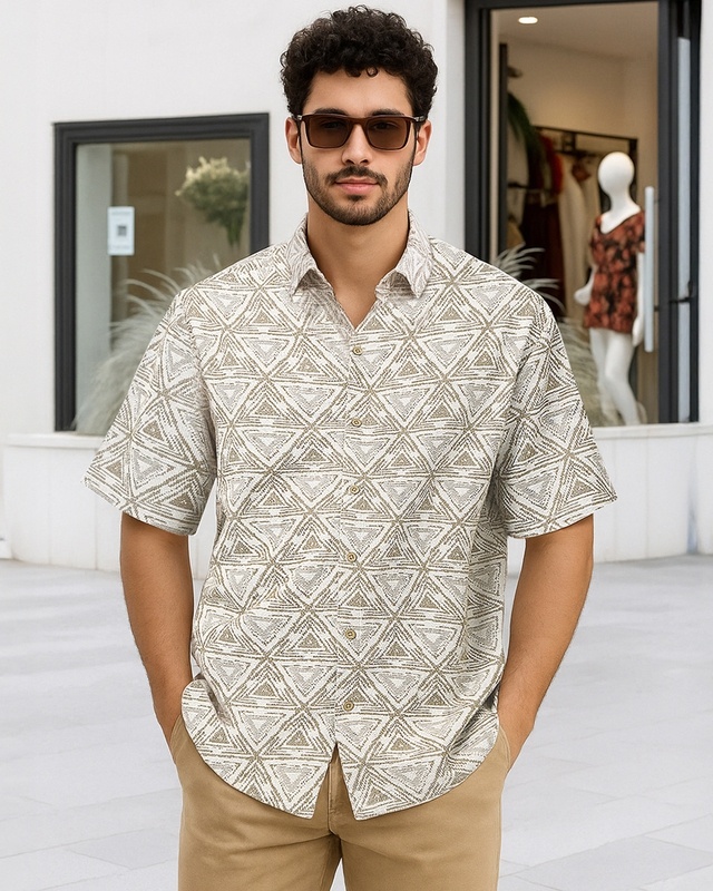 Shop Men's Tan Brown All Over Printed Oversized Shirt-Front
