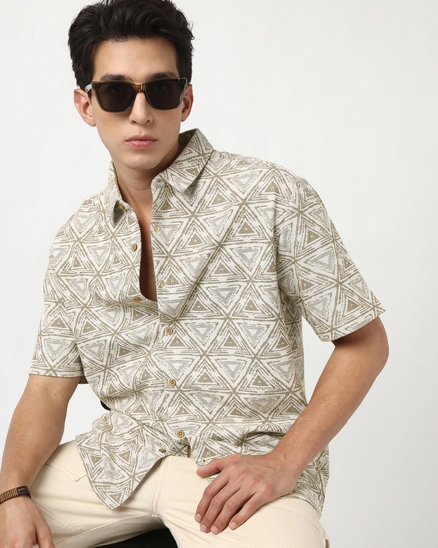 Shop Men's Tan Brown All Over Printed Oversized Shirt-Front