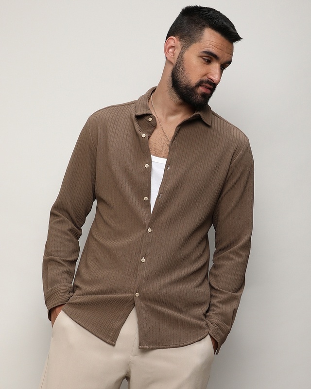 Shop Men's Tan Brown Textured Shirt-Front